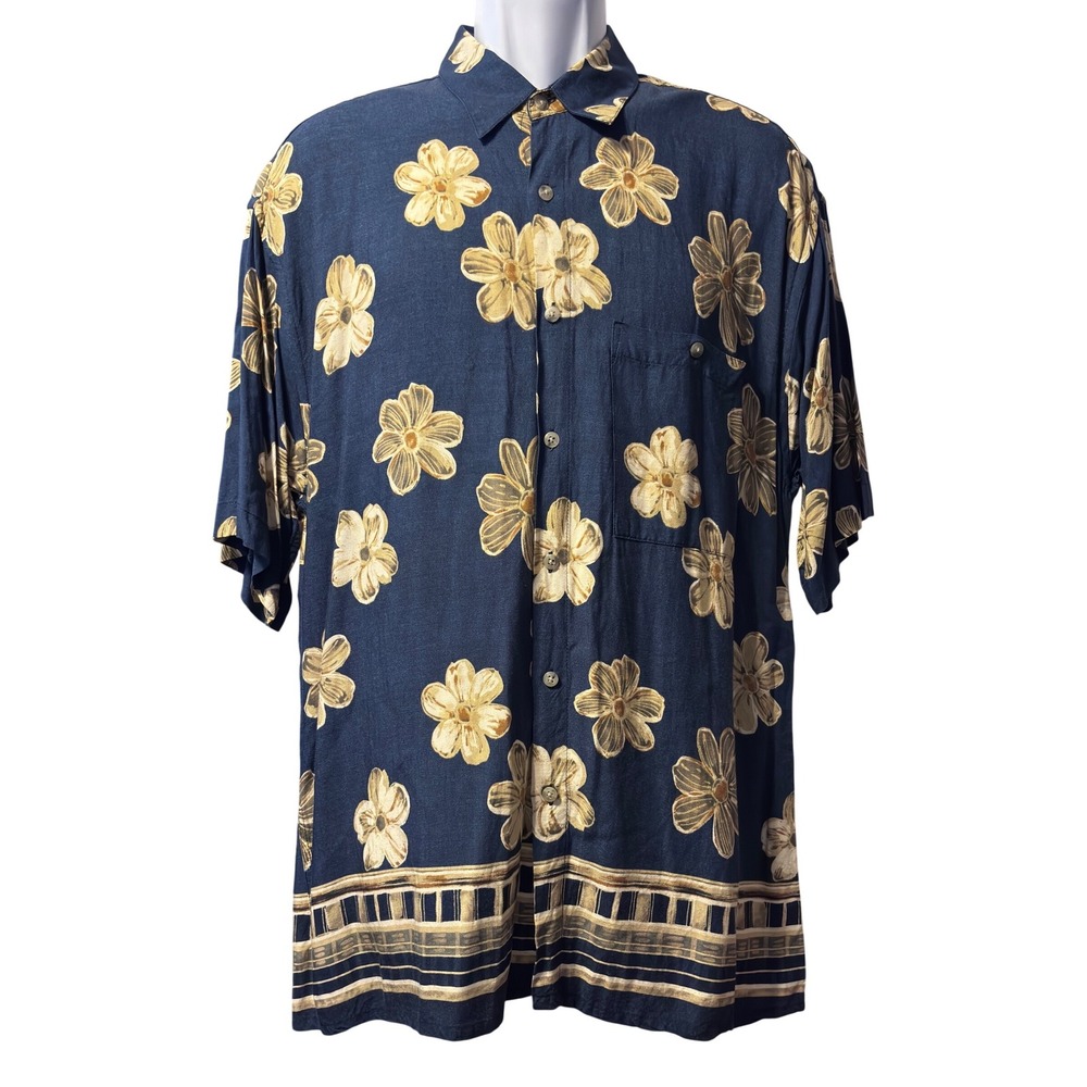 Van Heusen Floral Hawaiian Shirt Mens XL Navy Blue Excellent Rayon Tropical